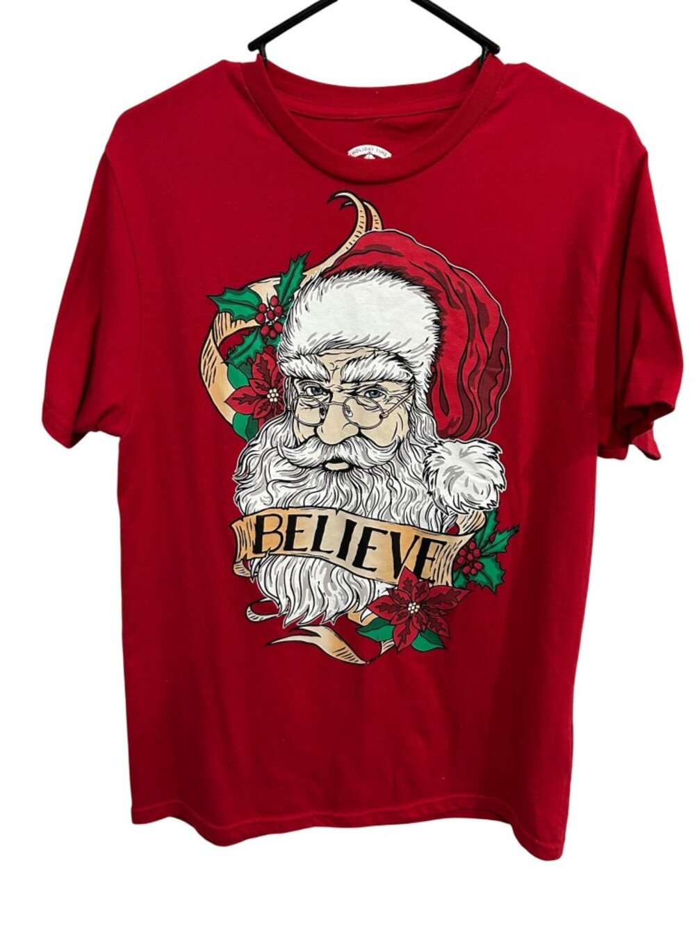 Holiday Time Santa Graphic Red Christmas T-Shirt Size Medium Americana Retro